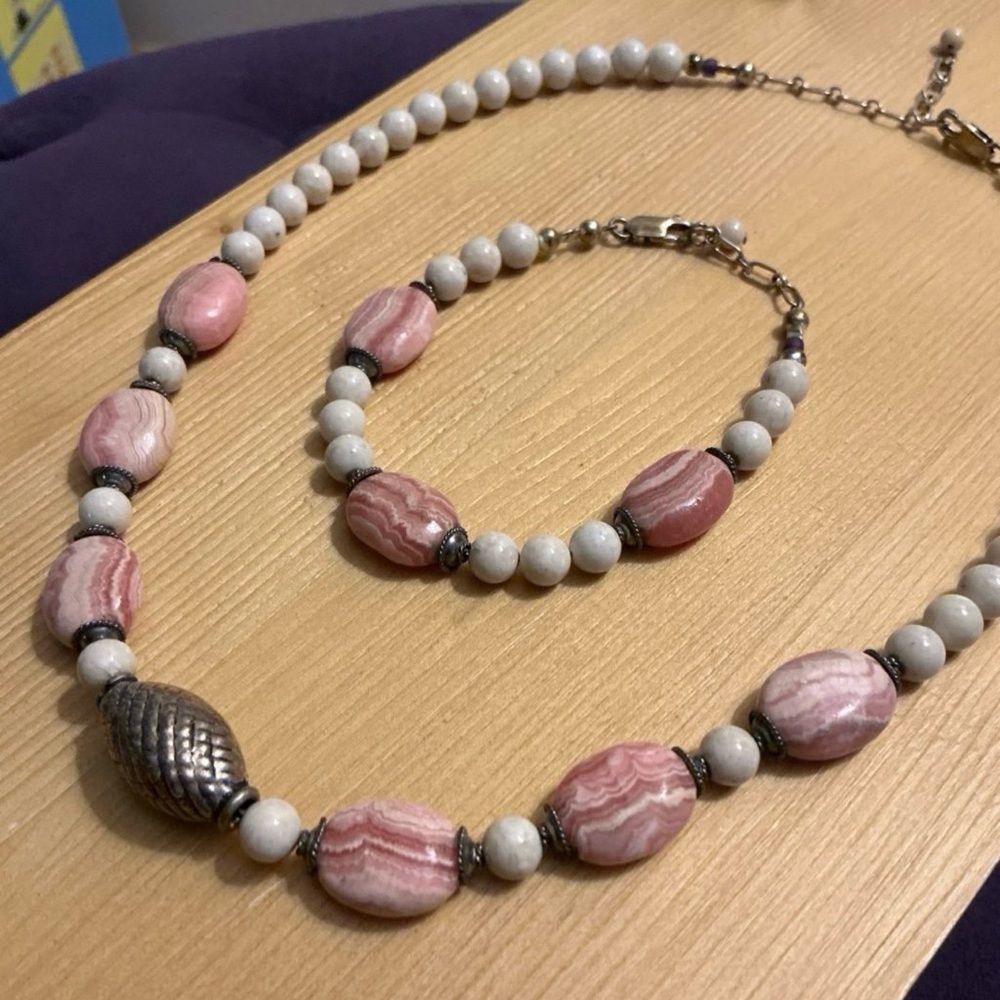 Rhodochrosite Sterling Silver Necklace Bracelet Set 925